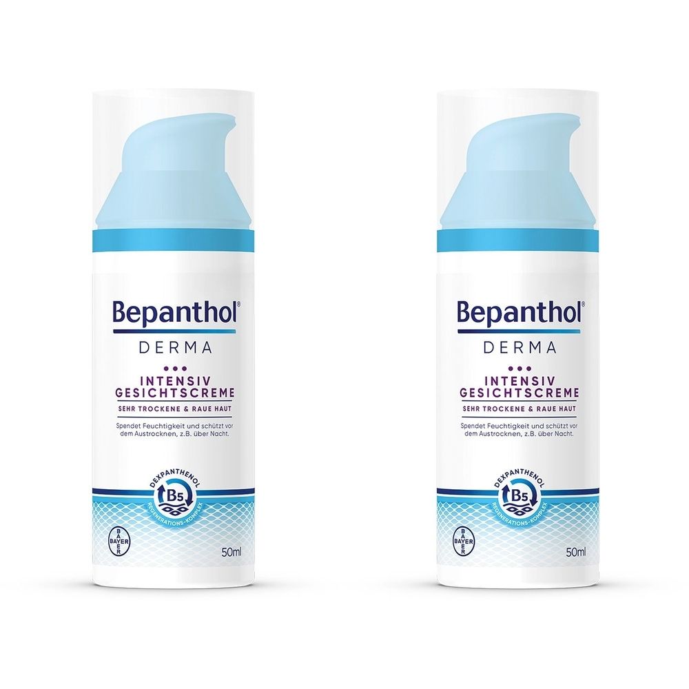 Zwei Flaschen Bepanthol DERMA Intensiv Gesichtscreme. Weiße Flaschen mit blauem Pumpkopf und blauer Schrift. Text: Intensiv Gesichtscreme.