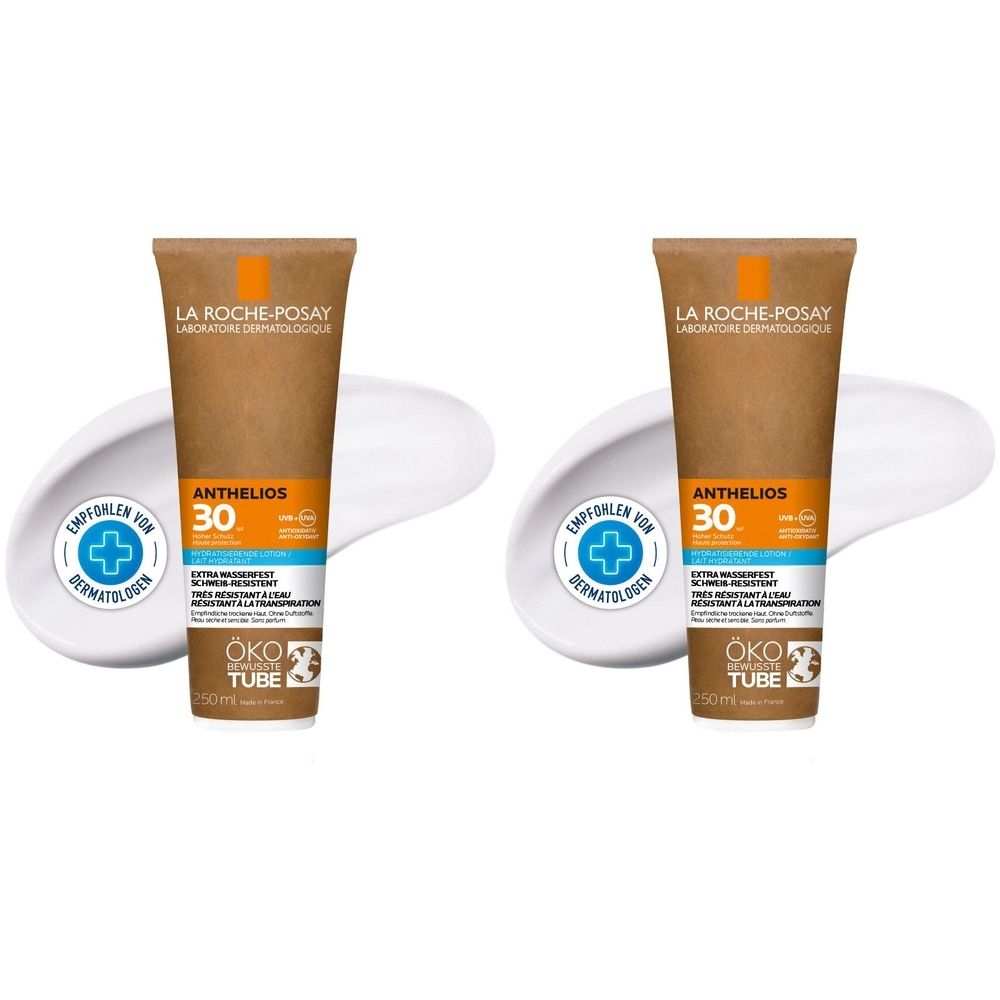 Zwei Tuben Anthelios 30, braun-weiß. Aufschrift: Anthelios 30, Öko-Tube, Empfohlen von Dermatologen.