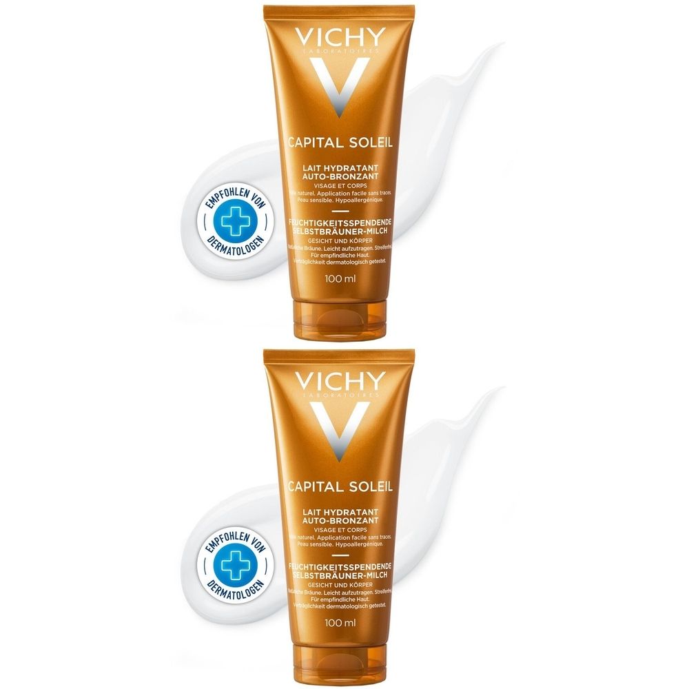 Zwei Tuben Selbstbräuner-Milch. Goldfarbene Tuben mit weißem Aufdruck. Aufschrift: Vichy, Capital Soleil, Lait Hydratant Auto-Bronzant. 100 ml.