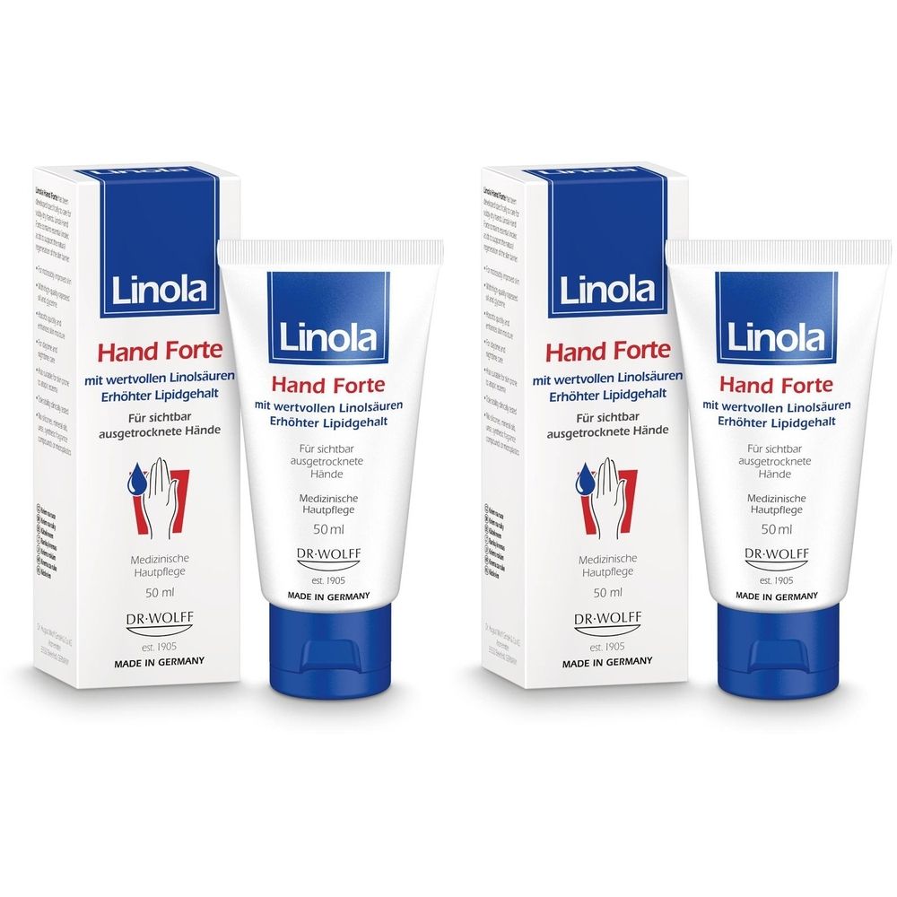 Zwei Tuben und zwei Schachteln Handcreme. Auf den Tuben und Schachteln steht "Linola Hand Forte". Die Verpackung ist weiß und blau.