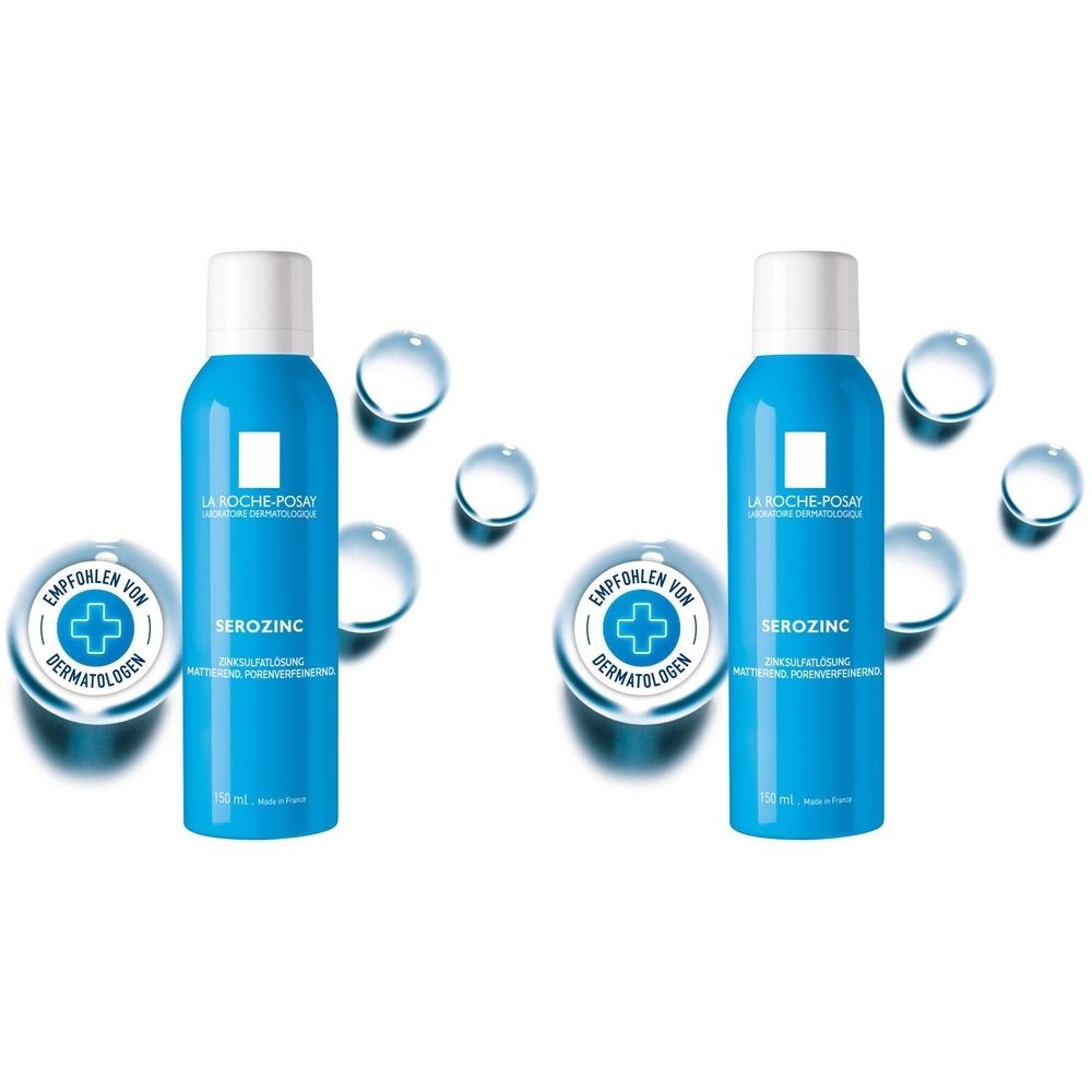 Zwei blaue Sprühflaschen mit weißem Deckel. Aufschrift SEROZINC und Logo. Empfohlen von Dermatologen.