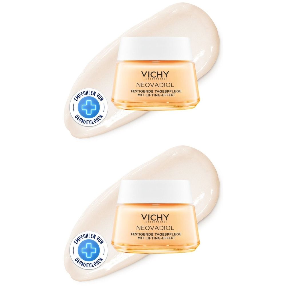 Zwei Tiegel Vichy Neovadiol Tagespflege. Auf cremefarbenem Untergrund. Mit weißem Deckel und gelbem Tiegel. Aufschrift: Vichy, Neovadiol.
