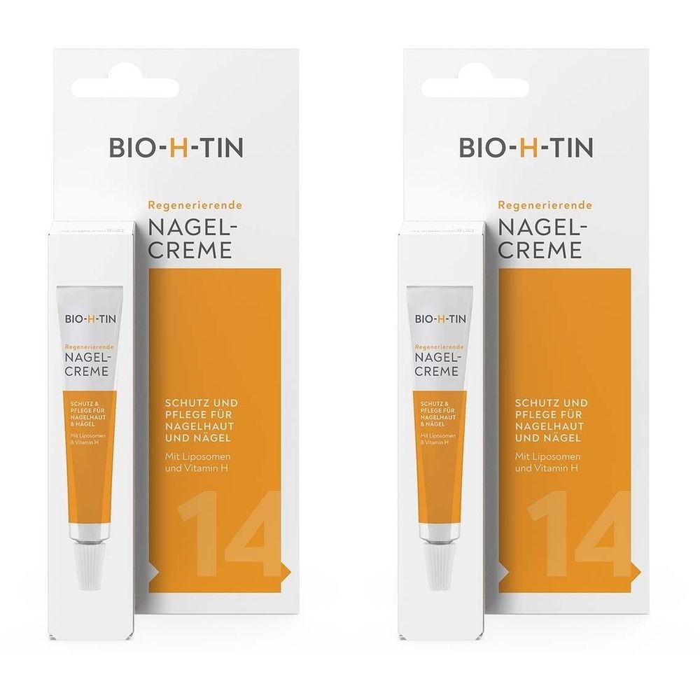 Zwei Packungen Nagelcreme mit Produktnamen und Text. Weiße Verpackung mit orangefarbenem Hintergrund. Aufschrift: BIO-H-TIN.