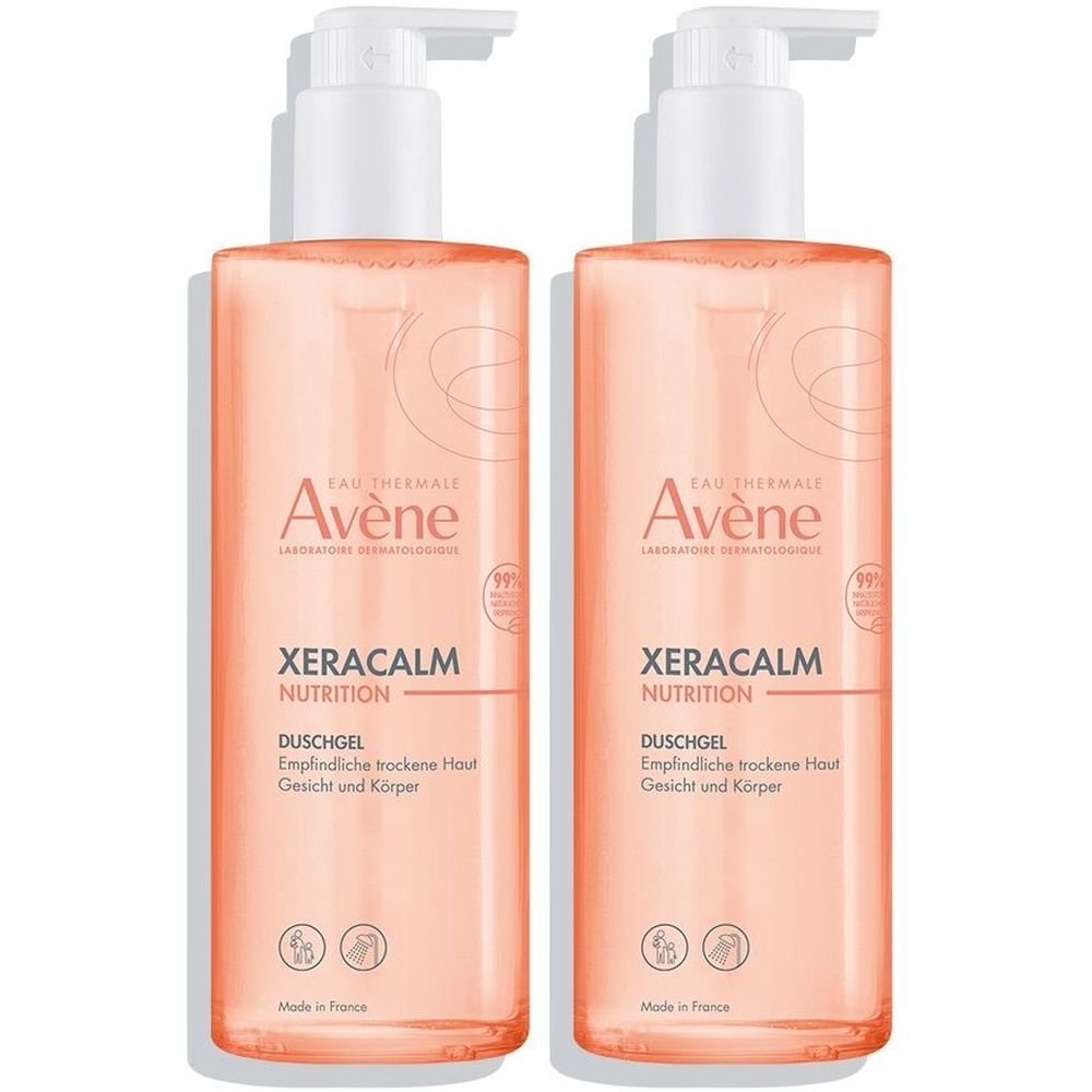 Zwei Flaschen Avène XeraCalm Nutrition Duschgel mit Pumpverschluss. Aufschrift: Duschgel für trockene, empfindliche Haut.