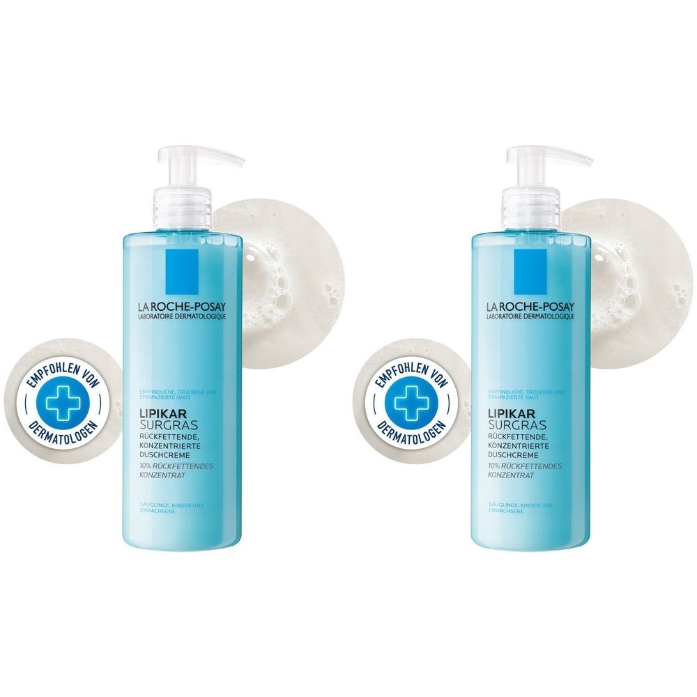 Zwei blaue Flaschen La Roche-Posay Lipikar Surgras. Auf jeder Flasche befindet sich ein weißer Spender. Daneben ein Schaumkreis und ein Logo.