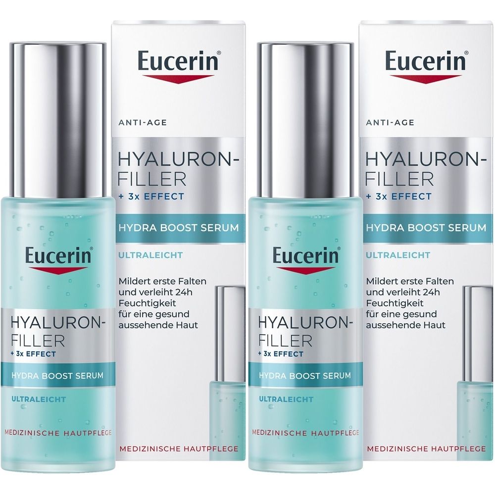Mehrere Flakons und Verpackungen von Eucerin Hyaluron-Filler + 3x Effect Hydra Boost Serum. Flakons mit silbernem Deckel, blaue Flüssigkeit. Verpackung weiß mit Schriftzug.