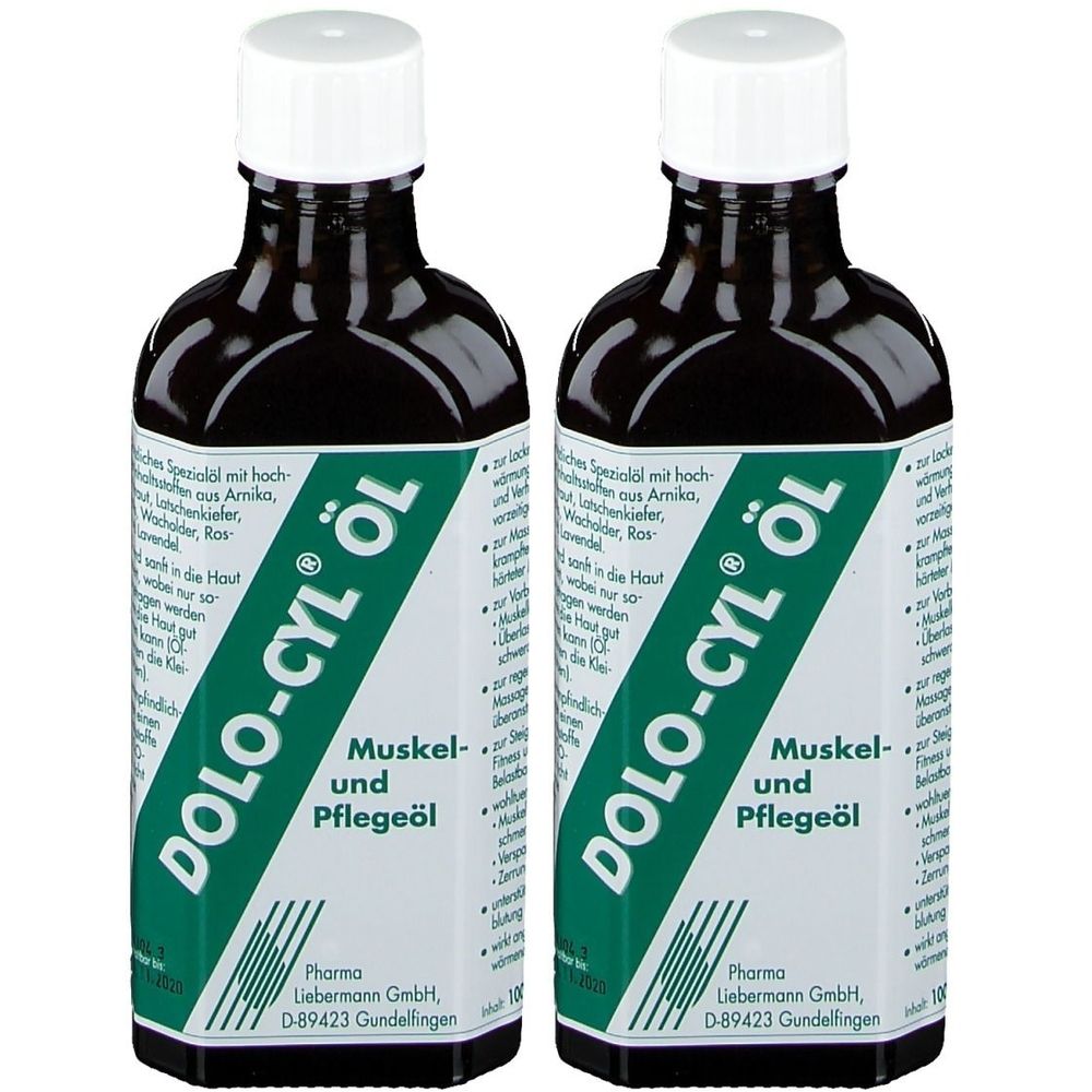 Zwei braune Glasflaschen mit weißem Deckel. Aufschrift DOLO-CYL ÖL, Muskel- und Pflegeöl. Pharma Liebermann GmbH.
