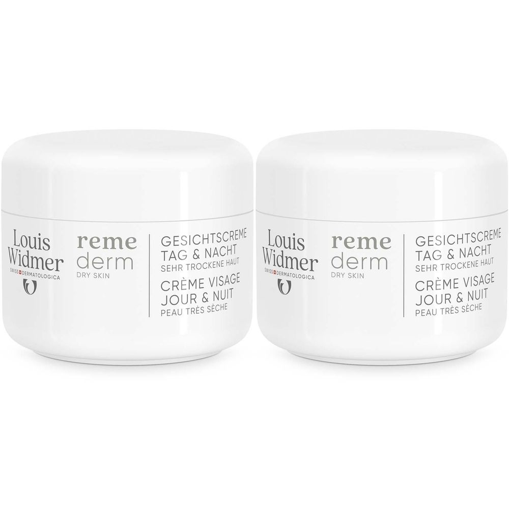 Zwei weiße Cremetiegel mit Aufschrift Louis Widmer remederm Gesichtscreme Tag & Nacht. Für trockene Haut.