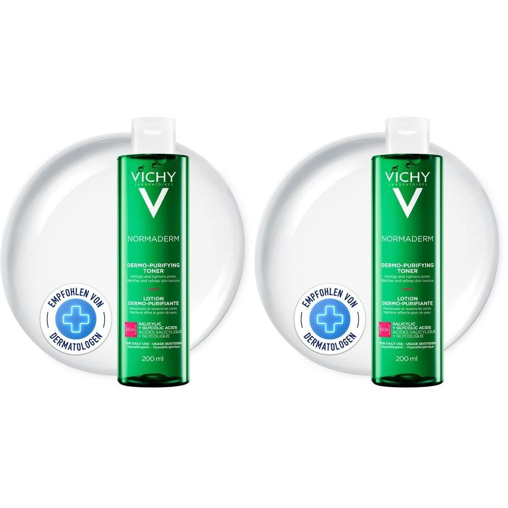 Zwei grüne Flaschen mit weißem Deckel. Aufschrift: Vichy Normaderm Toner. Aufkleber: Empfohlen von Dermatologen. 200 ml.