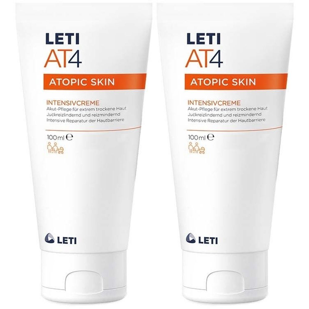 Zwei Tuben Creme. Aufschrift: LETI AT4 ATOPIC SKIN INTENSIVCREME. Weiße Tube mit orangefarbenem Streifen. 100ml.
