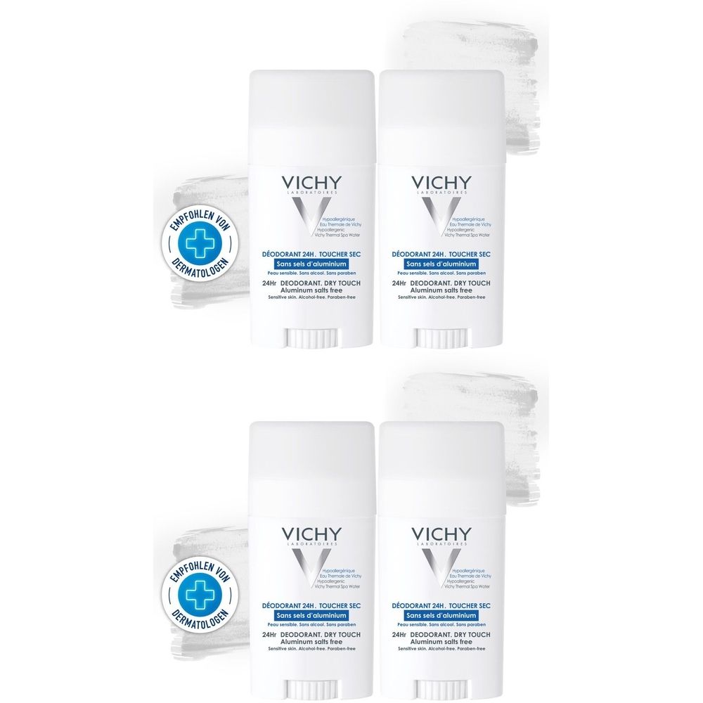 Mehrere weiße Deodorant-Sticks mit blauer und schwarzer Schrift. Aufschrift: VICHY, 24H Deodorant Dry Touch. Empfohlen für Dermatologen.