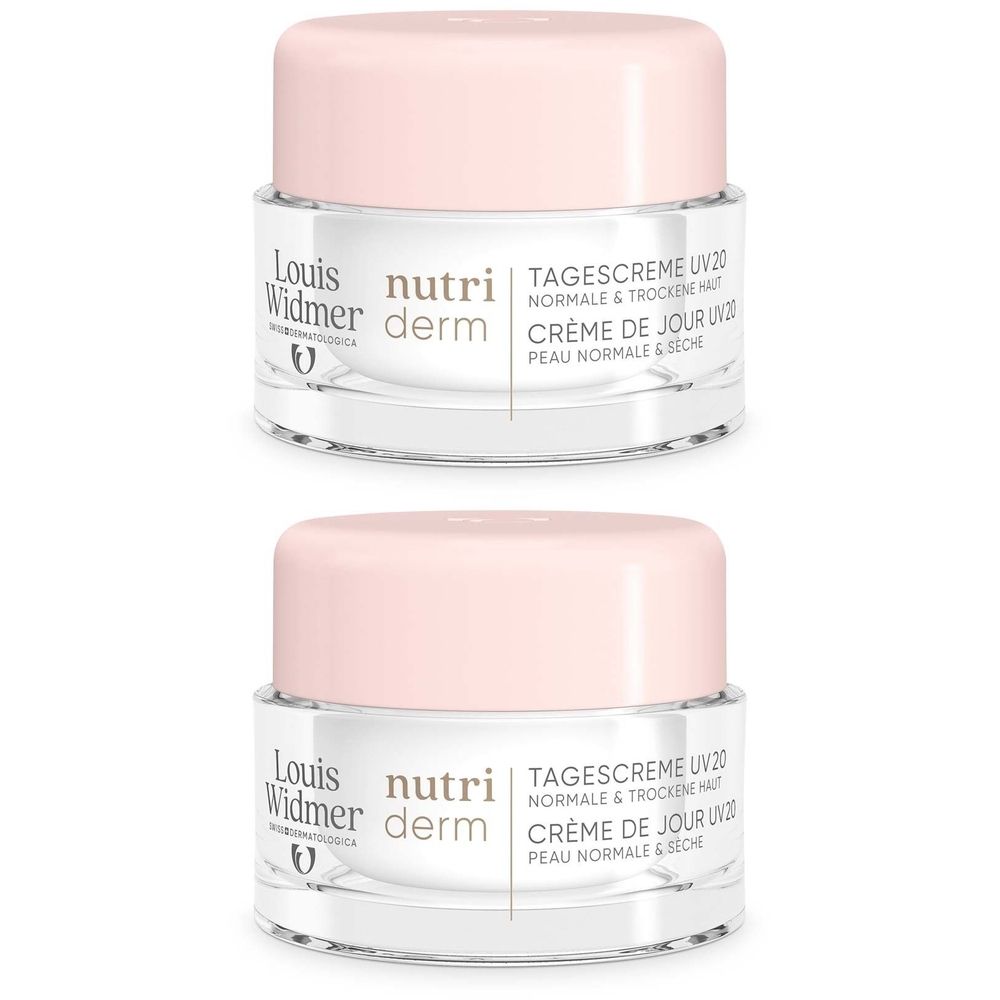 Zwei Cremetiegel mit rosa Deckel. Aufschrift: Louis Widmer nutriderm Tagescreme UV20.