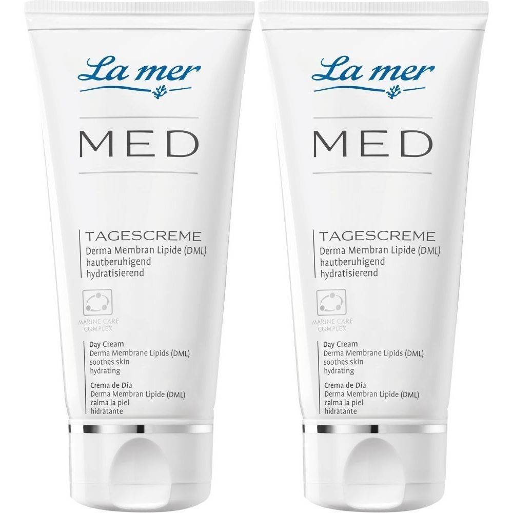 Zwei Tuben La mer MED Tagescreme. Weiße Tuben mit blauer Schrift. Enthält Derma Membran Lipide (DML).