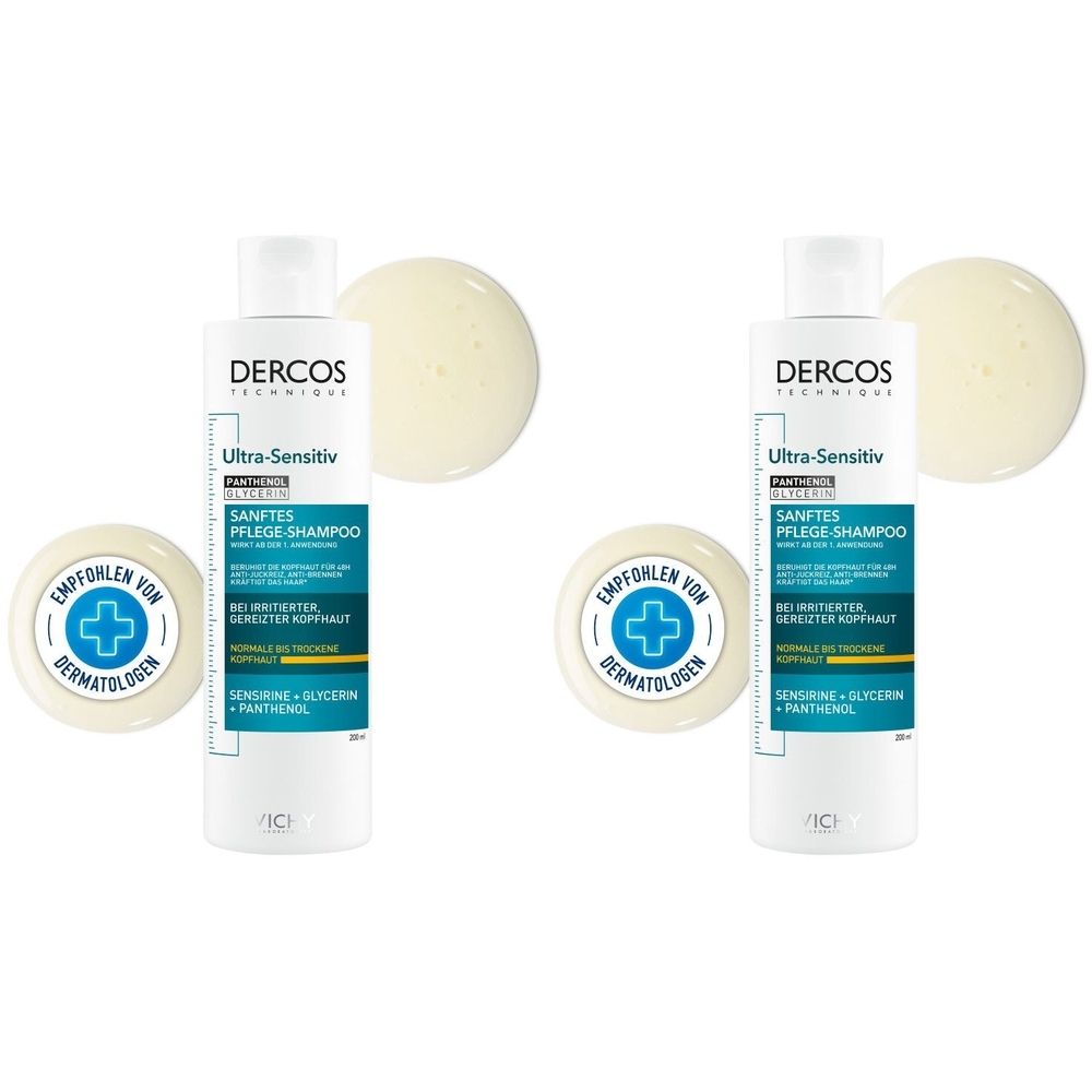 Zwei Flaschen Shampoo mit der Aufschrift "Dercos Ultra-Sensitiv". Daneben zwei runde Logos mit Kreuz-Symbol und Text "Empfohlen von Dermatologen".