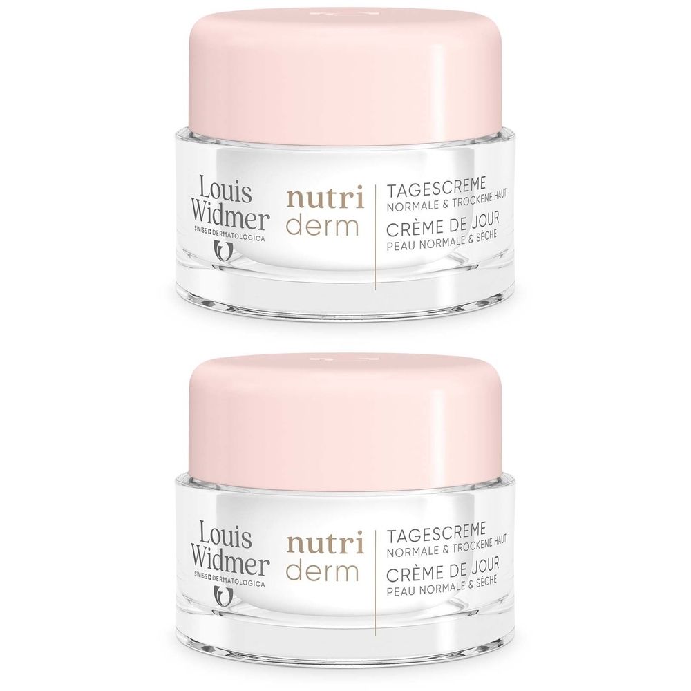 Zwei Tiegel Creme mit rosa Deckel. Aufschrift: Louis Widmer nutriderm Tagescreme. Für normale und trockene Haut.