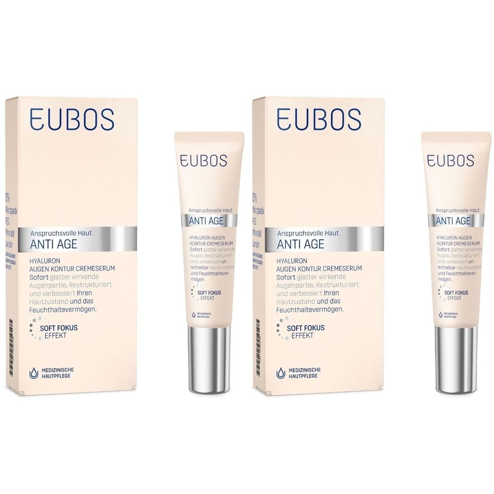 Zwei Tuben und zwei Faltschachteln. Aufschrift: EUBOS, Anti Age, Augen Kontur CremeSerum. Beige Verpackung mit silbernen Akzenten.