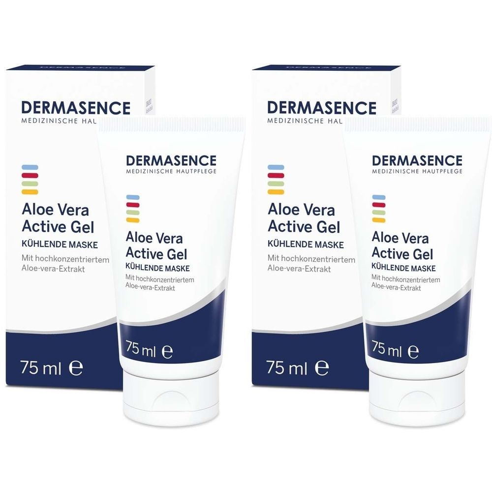Zwei Tuben und zwei Kartons DERMASENCE Aloe Vera Active Gel. Weiße Tuben mit blauer Schrift. Kartons mit Produktnamen.