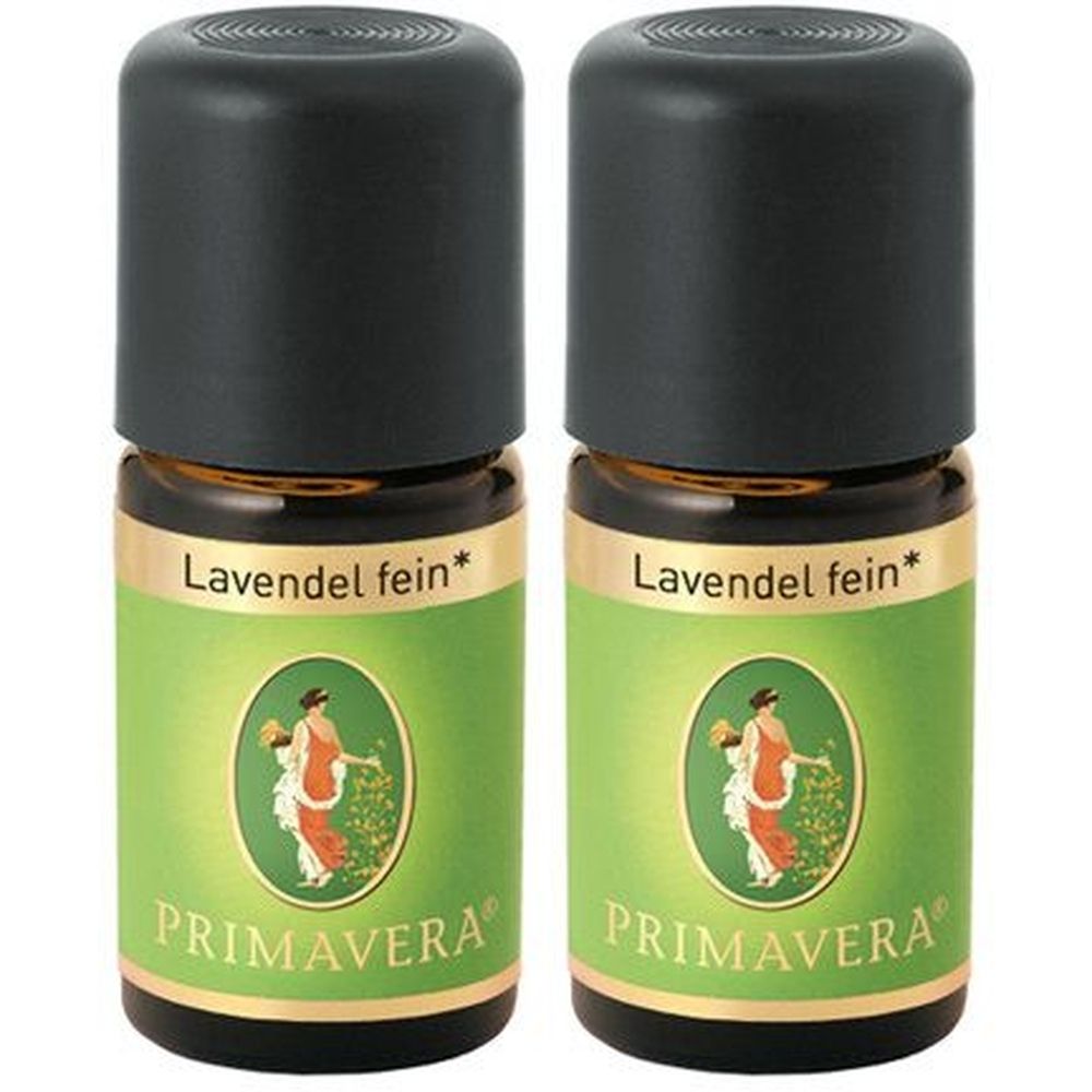 Zwei kleine Glasflaschen mit schwarzem Deckel. Aufschrift "Lavendel fein*" und "PRIMAVERA". Etikett mit Frau und Blumen.