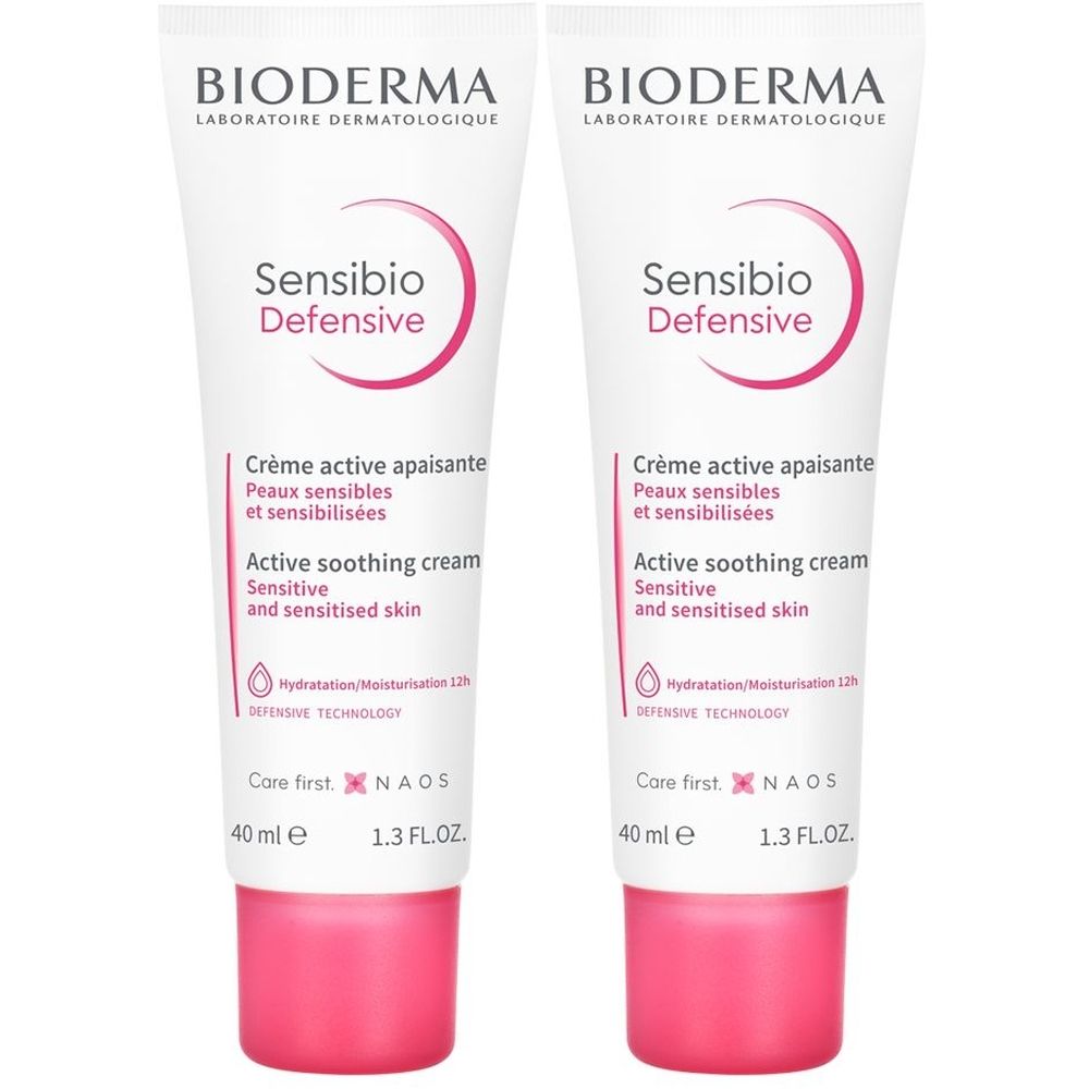 Zwei Tuben BIODERMA Sensibio Defensive Creme. Weiß, mit rosa Akzenten. Text: Active soothing cream, 40 ml.
