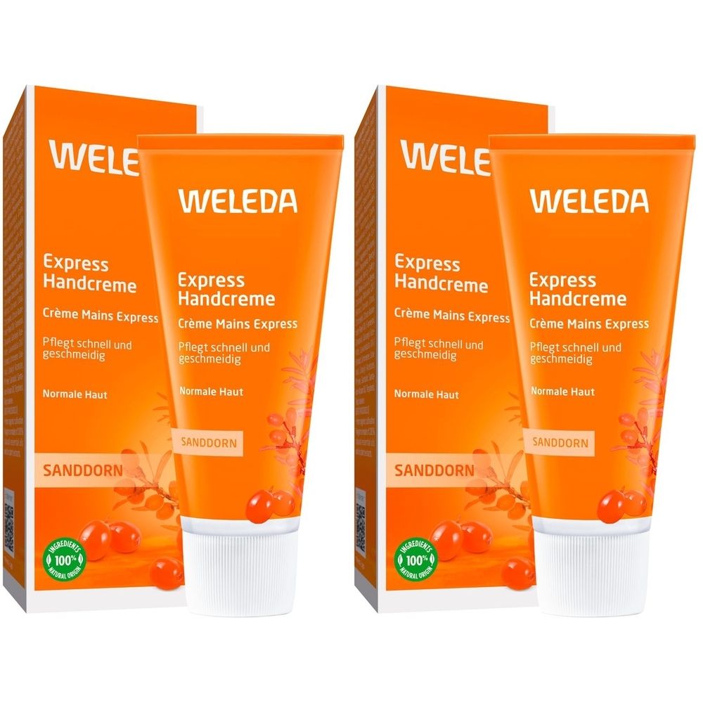 Zwei Tuben und zwei Kartons Handcreme. Orangefarbene Tuben mit weißem Verschluss. Aufdruck: Express Handcreme, Sanddorn. Kartons mit Logo.
