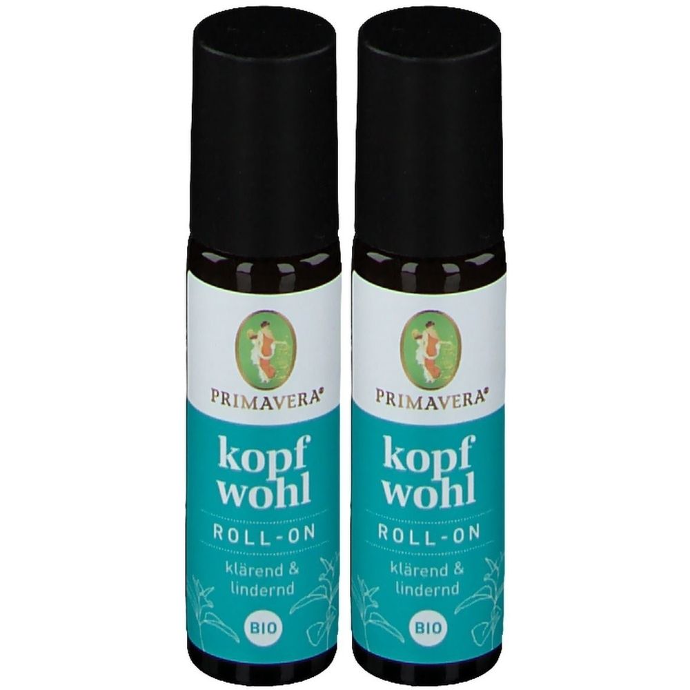 Zwei Roll-On-Flaschen mit schwarzem Deckel. Aufschrift: PRIMAVERA, kopf wohl, ROLL-ON, klärend & lindernd, BIO.