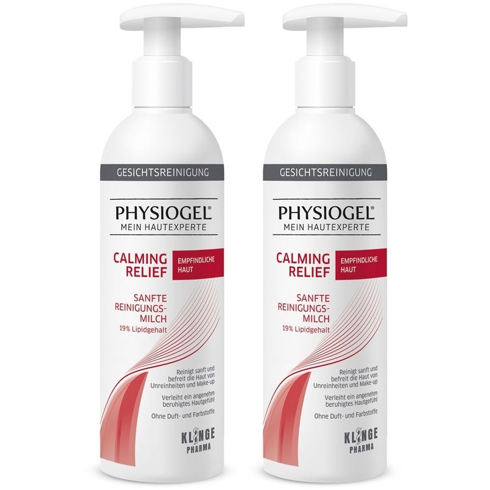 Zwei weiße Flaschen mit Pumpverschluss. Aufschrift PHYSIOGEL Calming Relief Sanfte Reinigungsmilch. Rote und graue Akzente.