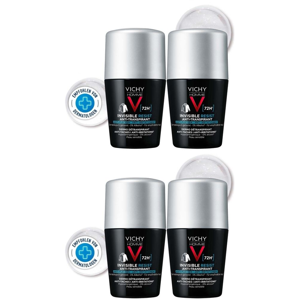 Vier Roll-On-Deodorants. Schwarze Flaschen mit silbernen Kappen. Aufschrift: VICHY HOMME, 72H, Invisible Resist. Mit dermatologischer Empfehlung.