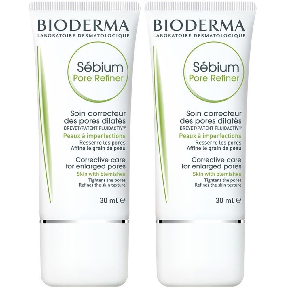Zwei Tuben BIODERMA Sébium Pore Refiner. Weiße Tuben mit grüner Schrift und silberner Kappe. Enthält 30 ml.