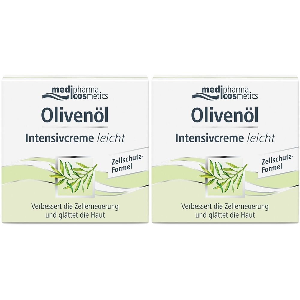 Zwei quadratische Faltschachteln. Aufschrift: medipharma cosmetics Olivenöl Intensivcreme leicht. Mit Olivenzweig-Illustration.