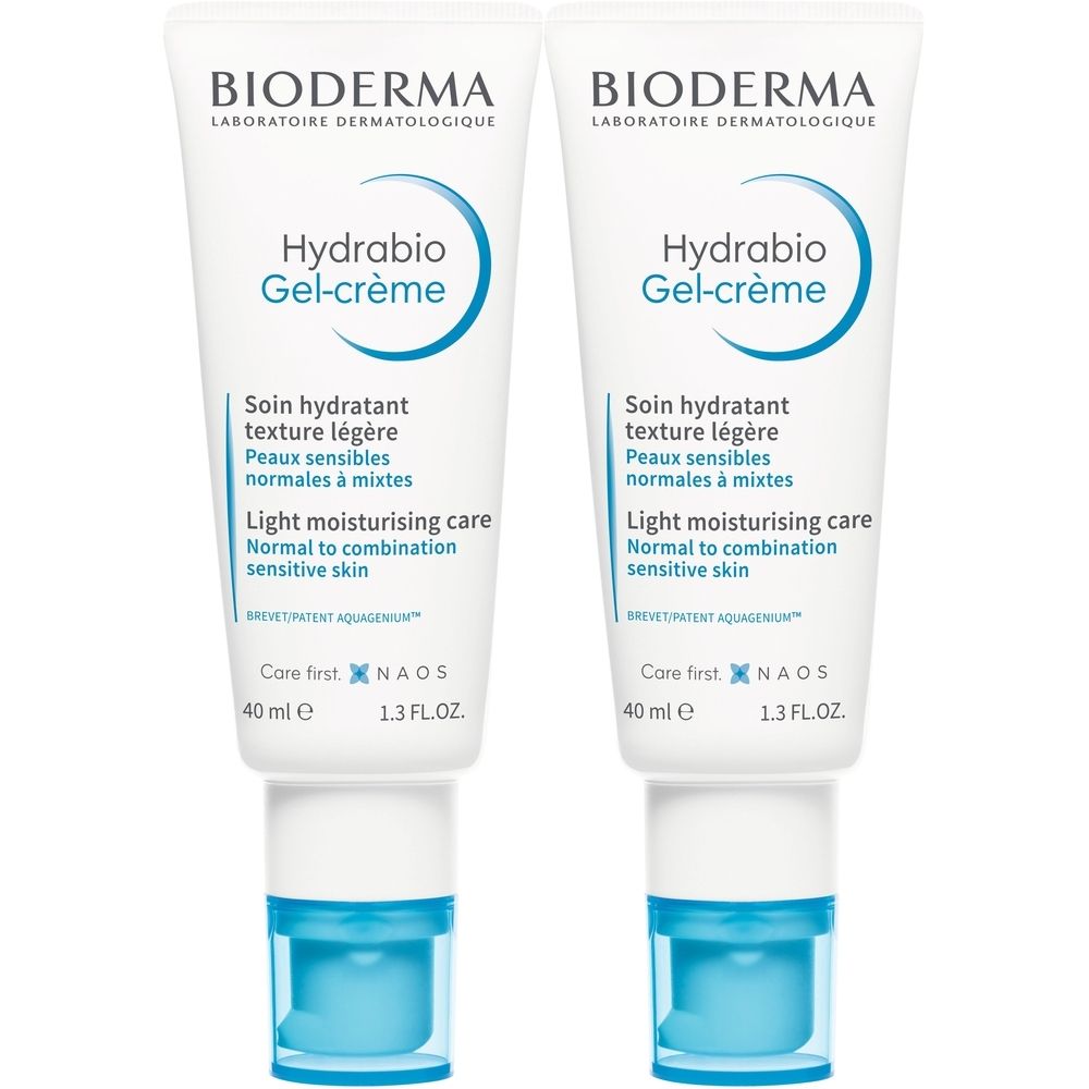 Zwei Tuben BIODERMA Hydrabio Gel-crème. Weiße Tuben mit blauer Schrift und blauem Verschluss. Text: Light moisturising care.