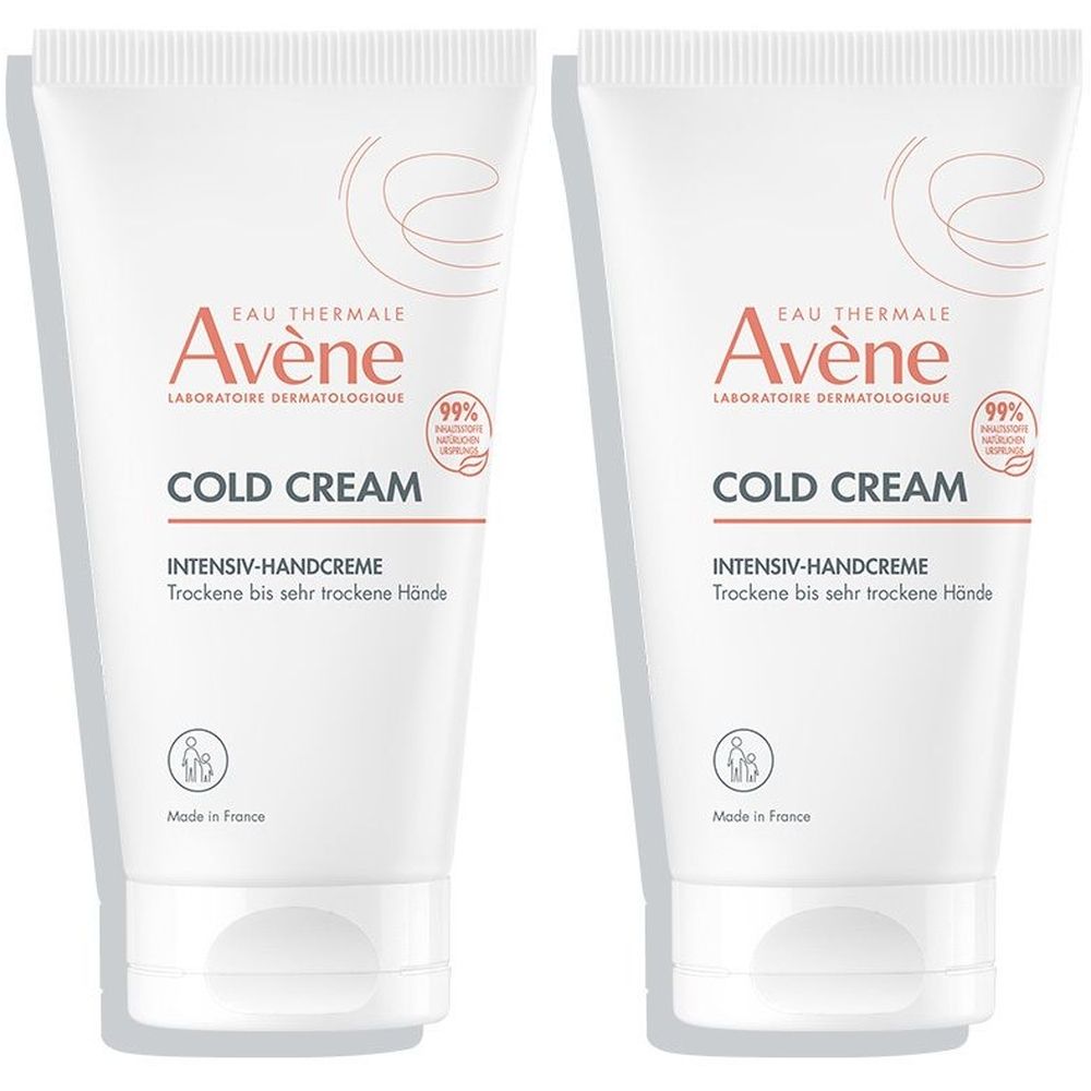 Zwei weiße Tuben Handcreme. Aufschrift: Avène Cold Cream, Intensiv-Handcreme. Mit 99% Inhaltsstoffen natürlichen Ursprungs.
