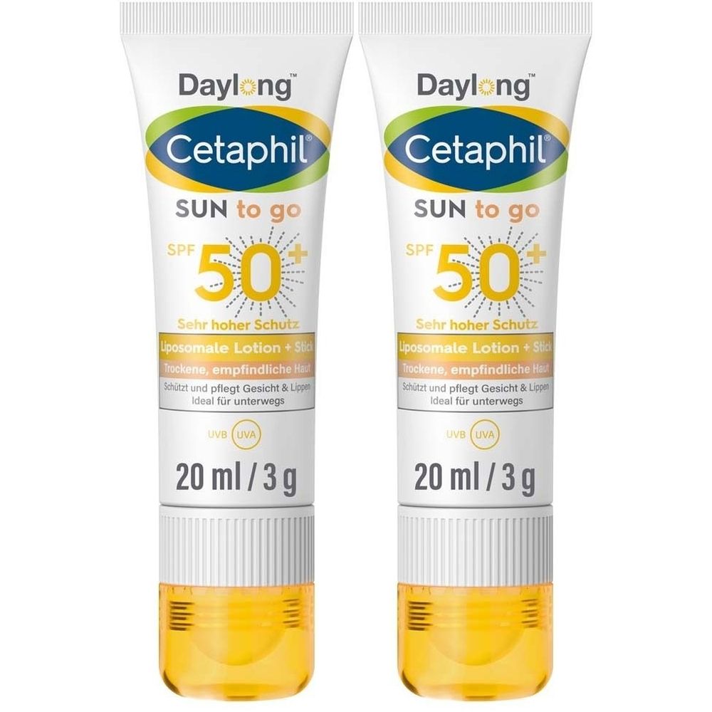 Zwei Tuben CETAPHIL SUN to go. Weiße Tuben mit gelbem Boden. Aufschrift: SPF 50, SUN to go, Liposomale Lotion. 20 ml/3 g.
