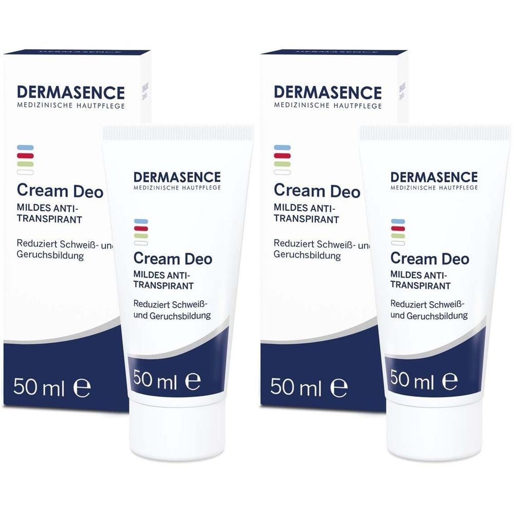 Mehrere Tuben und Verpackungen von Cream Deo. Aufschrift: DERMASENCE, Cream Deo, mildes Anti-Transpirant, 50 ml.