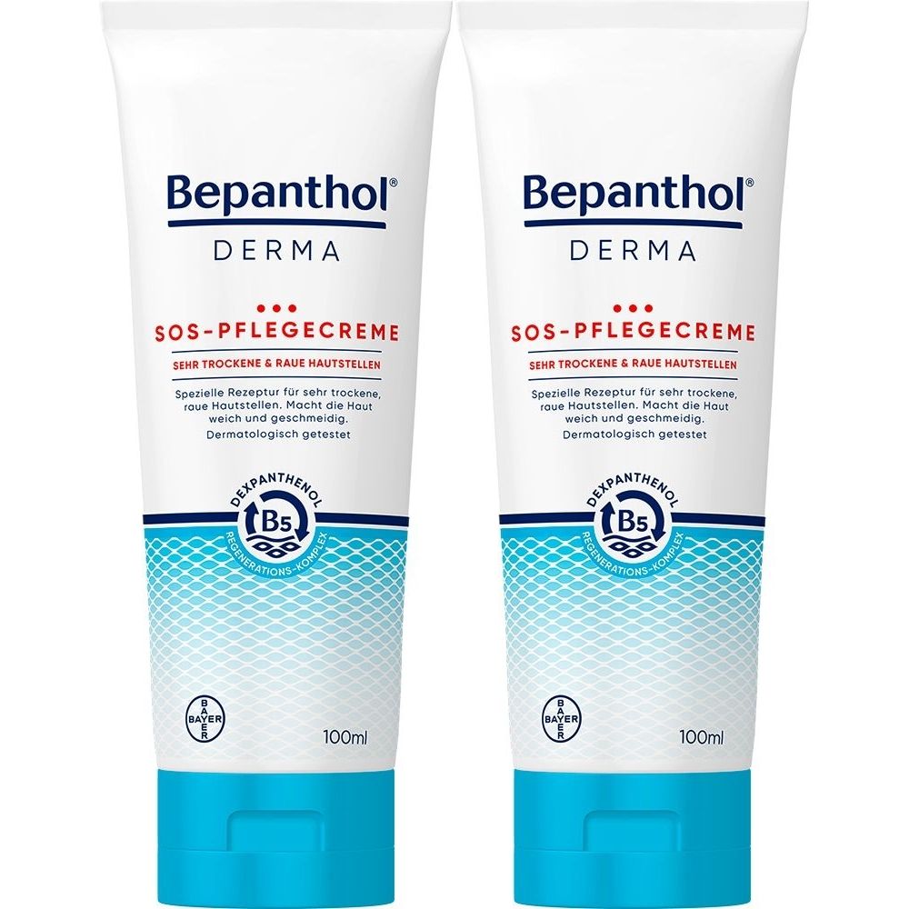 Zwei Tuben Bepanthol DERMA SOS-Pflegecreme. Weiße Tuben mit blauer Schrift und blauem Verschluss. Text: SOS-Pflegecreme, Dexpanthenol.