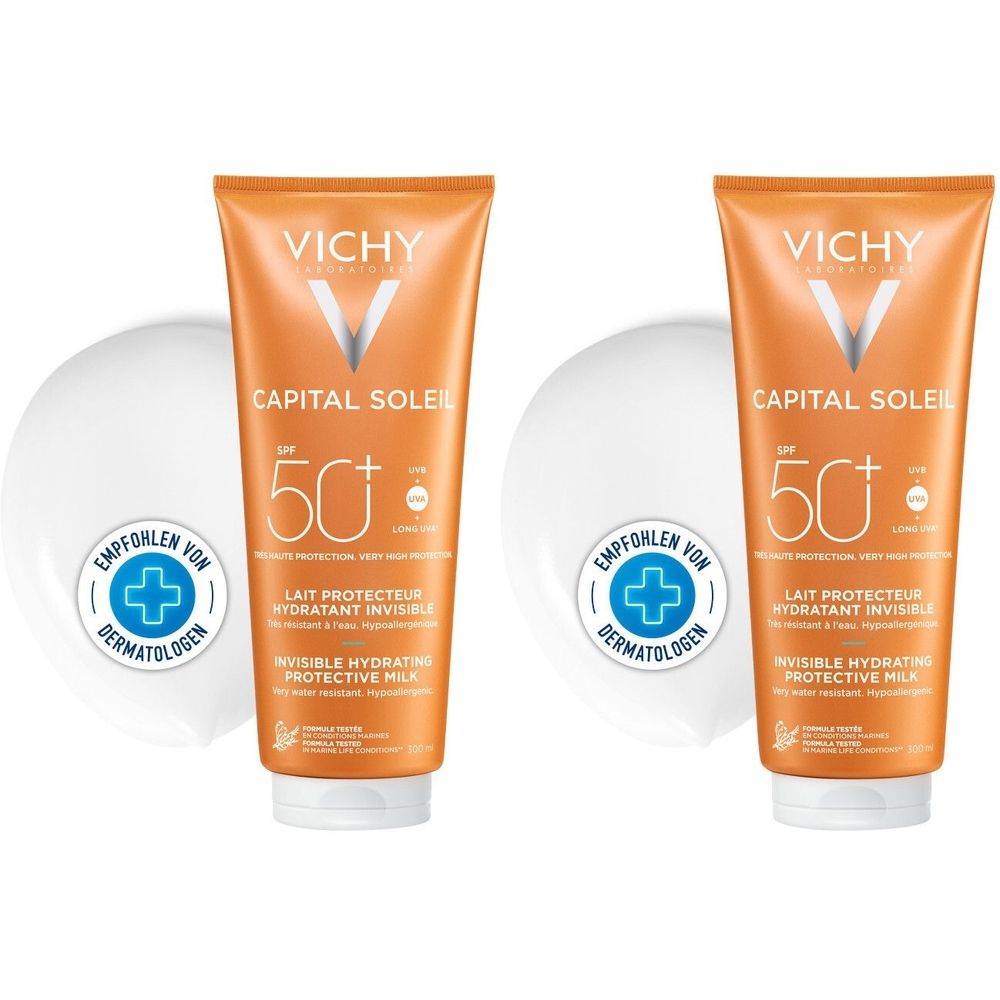 Zwei Tuben Sonnenmilch mit orangefarbenem Hintergrund. Aufschrift: VICHY CAPITAL SOLEIL SPF 50+. Mit Dermatologen-Siegel.