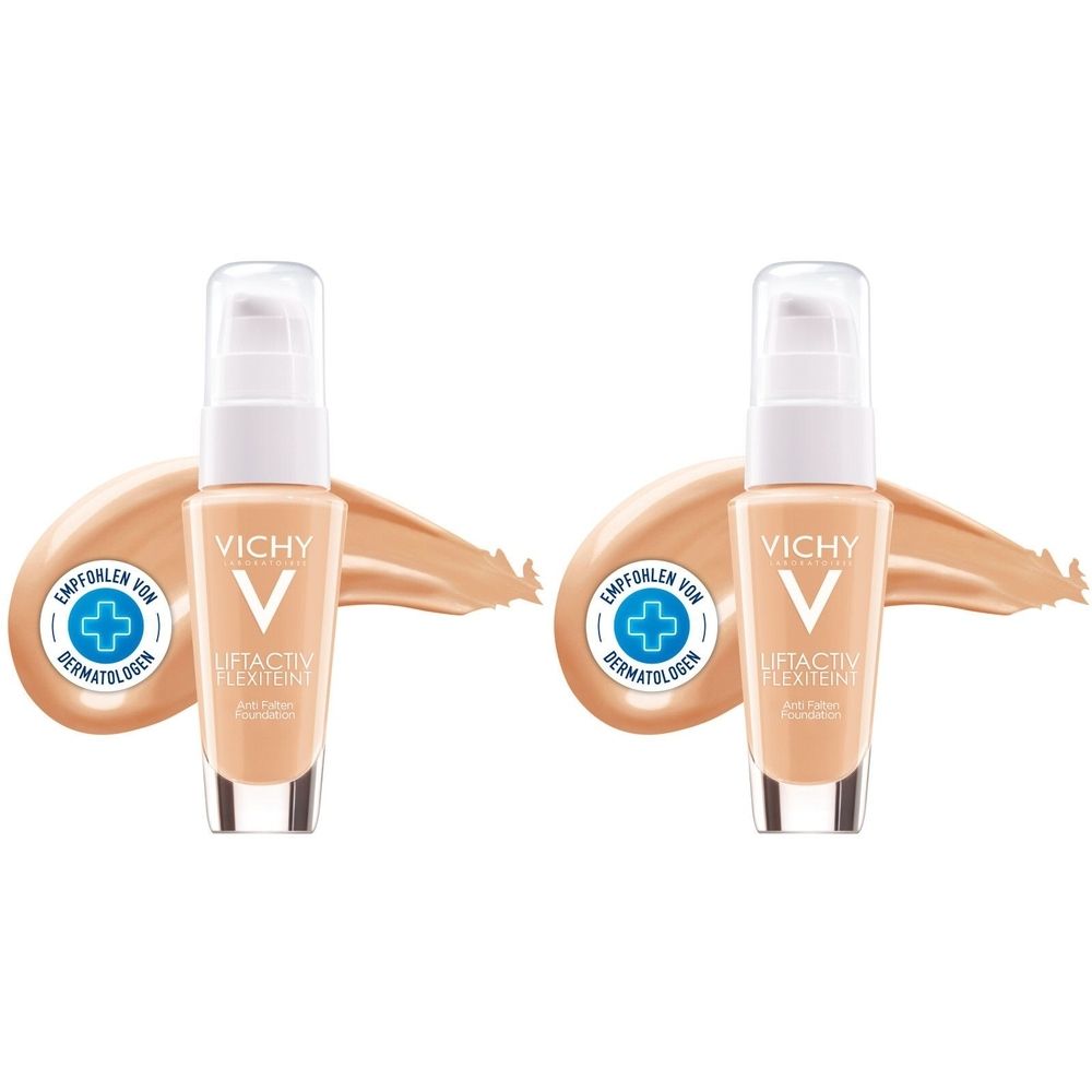 Zwei Flakons mit Vichy Liftactiv Flexiteint gold 45. Aufgetragen auf Hautmuster. Mit dermatologischer Empfehlung.