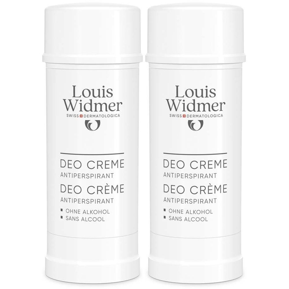 Zwei weiße Deostifte. Aufschrift: Louis Widmer, Deo Creme Antiperspirant. Ohne Alkohol. Swiss Dermatologica.