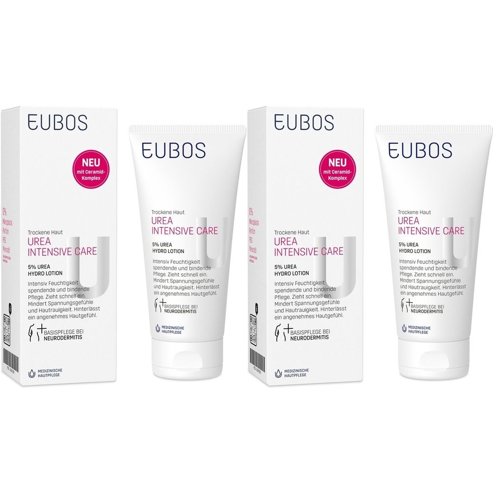 Mehrere Tuben und Verpackungen von EUBOS Urea Hydro Lotion. Aufschrift: Urea Intensive Care, 5% Urea Hydro Lotion, NEU mit beruhigendem Komplex.