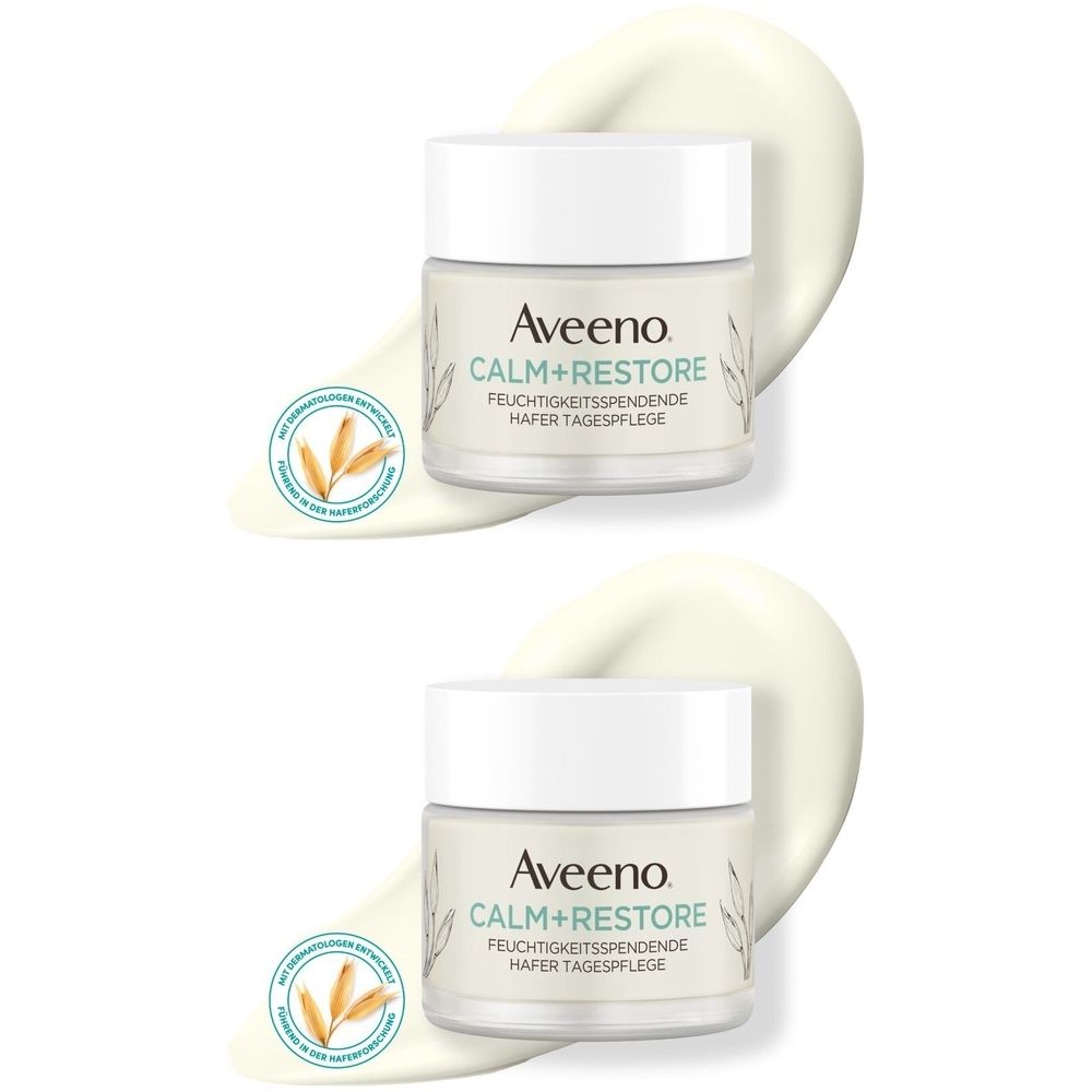 Zwei Tiegel Creme mit weißem Deckel. Aufschrift: Aveeno CALM+RESTORE. Darunter: Feuchtigkeitspendende Hafer Tagespflege.