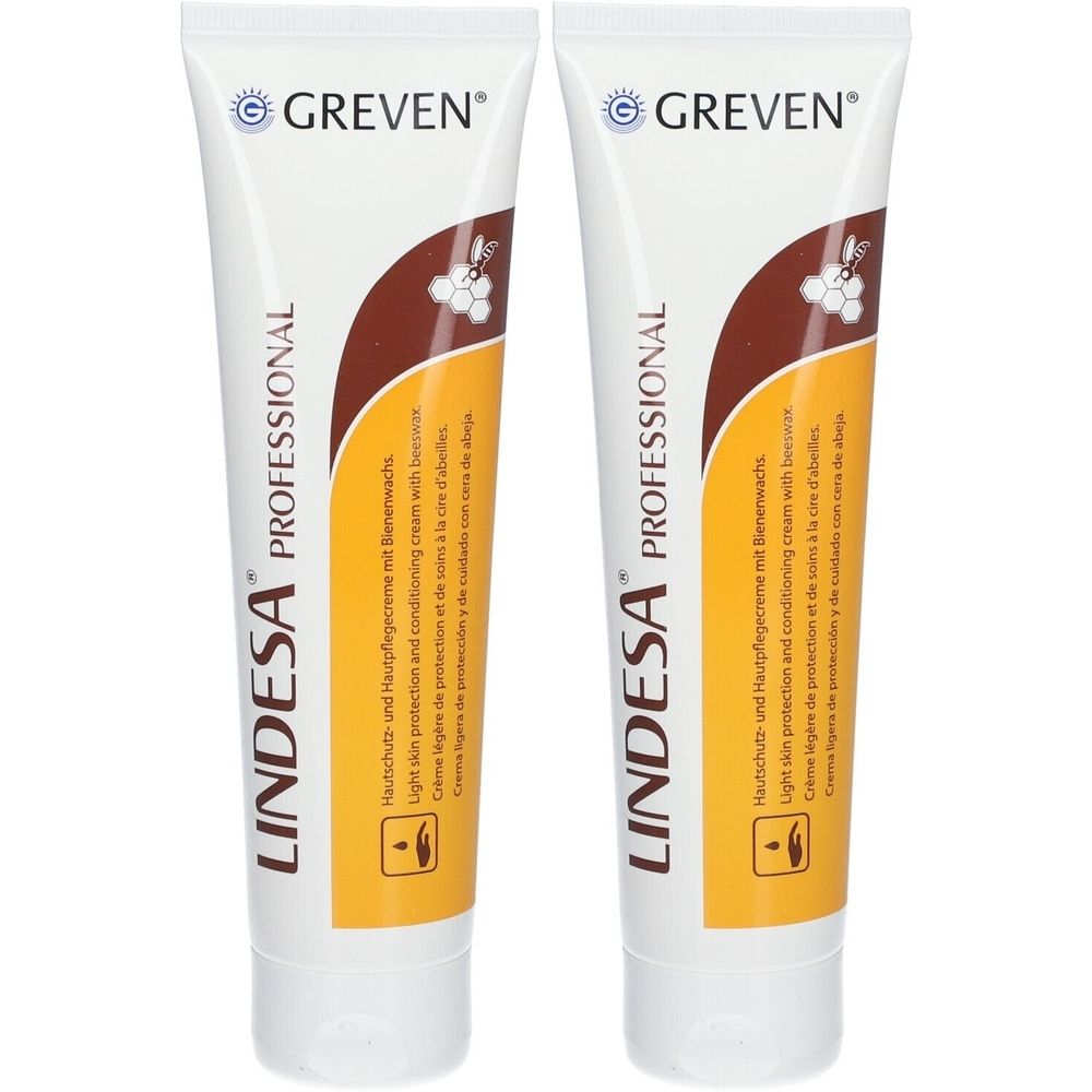 Zwei Tuben LINDESA Professional Hautschutzcreme. Weiße Tuben mit braunen und gelben Akzenten. Text und Logo GREVEN.