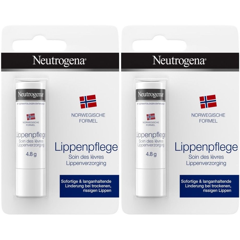 Zwei Lippenpflegestifte in Blisterverpackung. Marke Neutrogena, Norwegische Formel. Text: Lippenpflege, 4.8g. Sofortige Linderung bei trockenen Lippen.