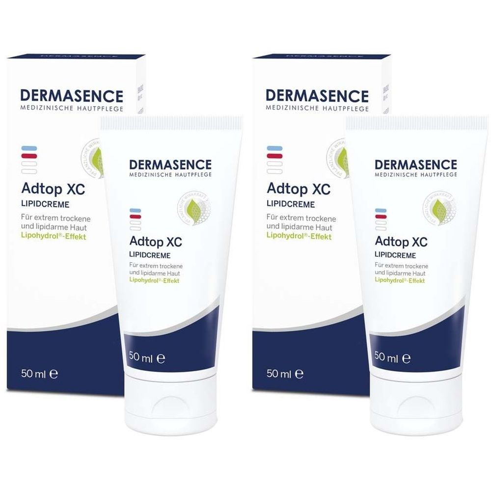 Mehrere Tuben und Faltschachteln. Aufschrift: DERMASENCE, Adtop XC Lipidcreme. Volumen: 50 ml.