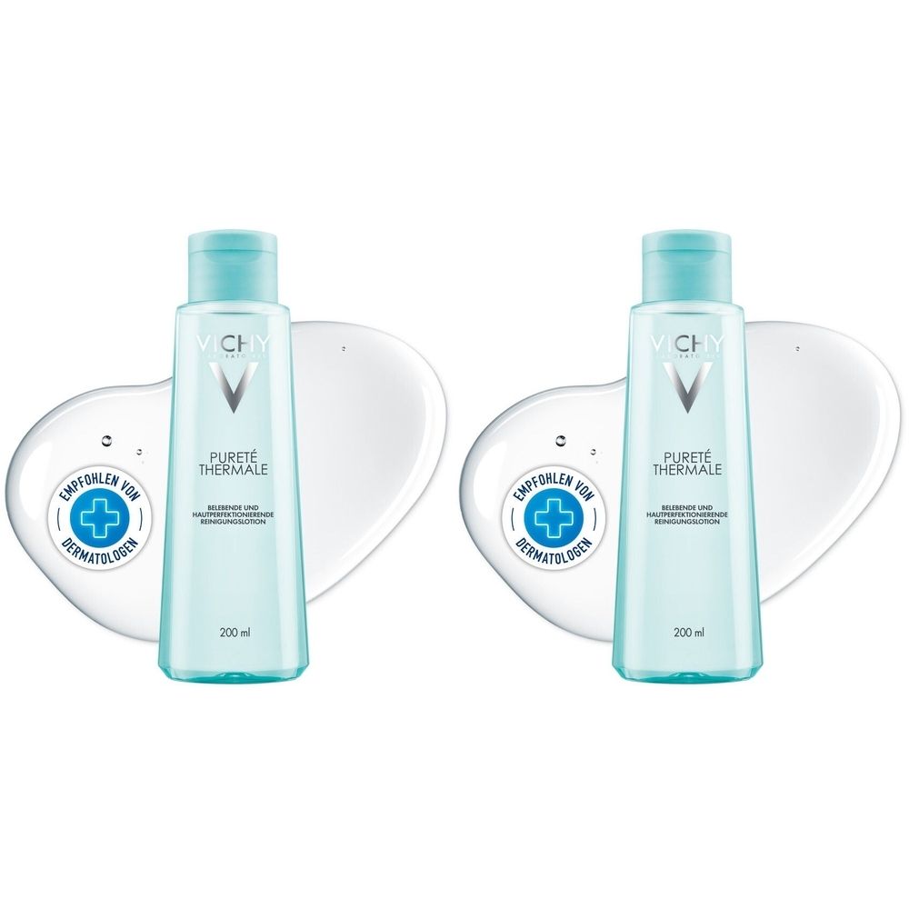 Zwei Flaschen Vichy Pureté Thermale Reinigungslotion. Hellblaue Flaschen mit hellblauem Deckel. Aufschrift: Pureté Thermale, 200 ml.