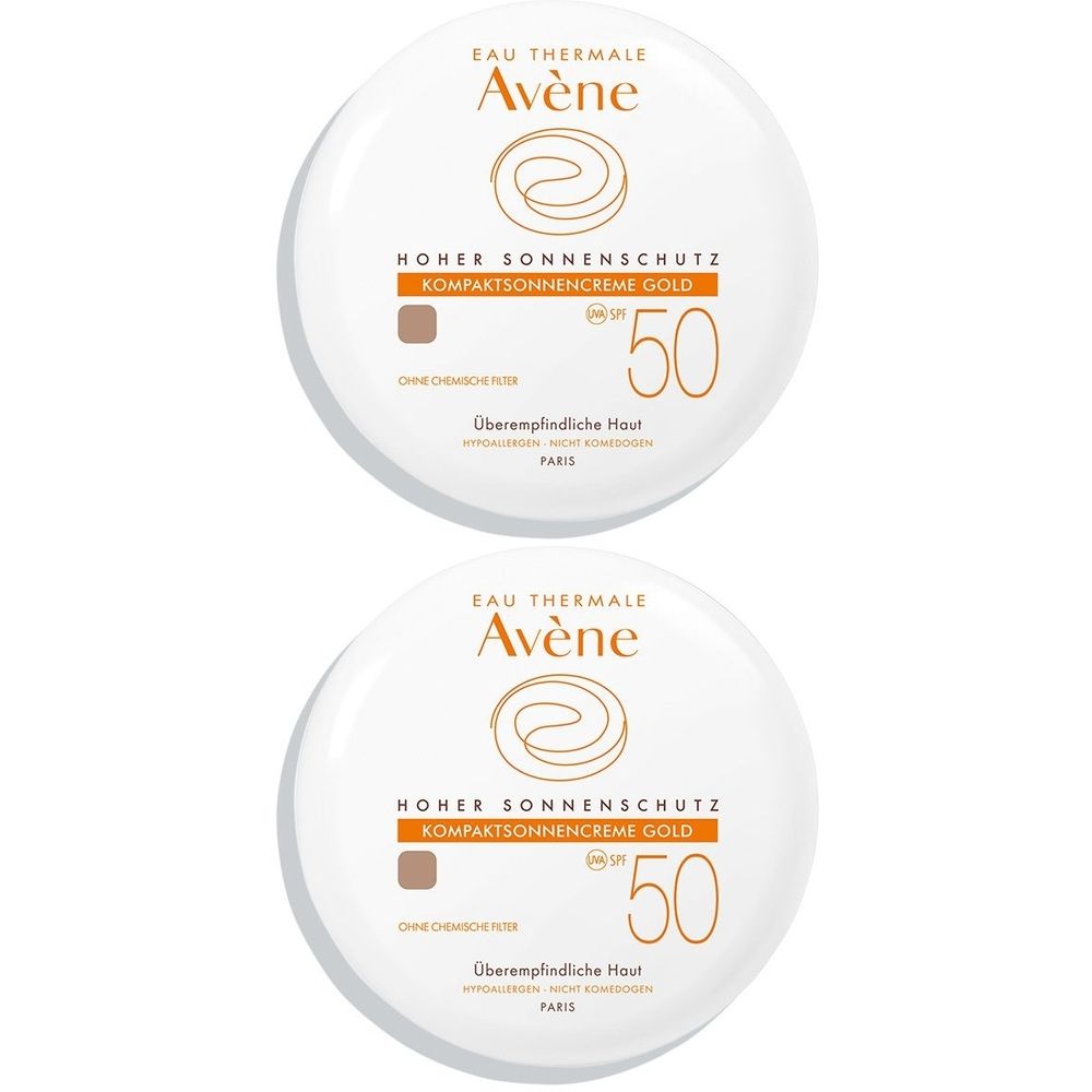 Zwei runde Kompaktsonnencreme-Dosen. Aufschrift: Avène, LSF 50, Kompaktsonnencreme Gold. Für überempfindliche Haut.