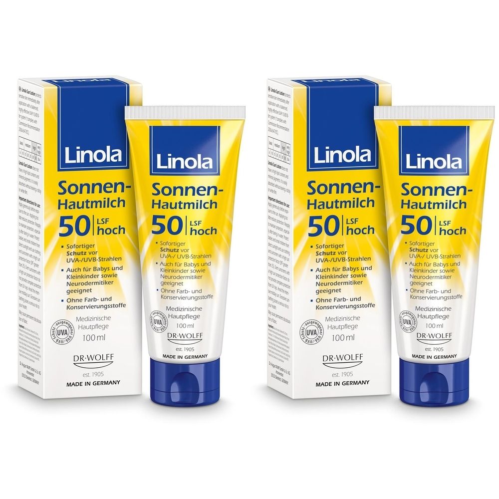 Zwei Packungen Sonnenmilch mit LSF 50. Gelbe Tube und weißer Karton mit blauer Schrift. Marke: Linola. Medizinische Hautpflege.