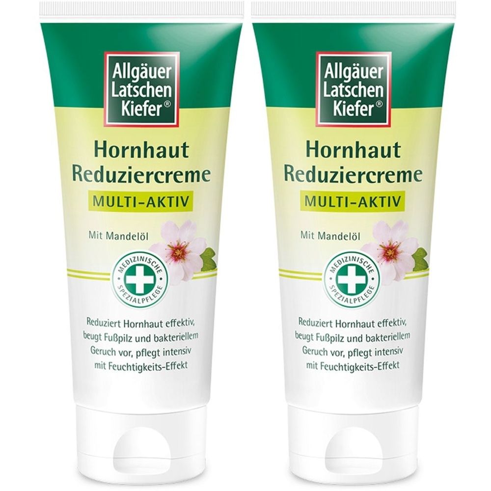 Zwei Tuben Hornhaut Reduziercreme. Aufschrift: Allgäuer Latschen Kiefer, Multi-Aktiv, mit Mandelöl. Medizinische Spezialpflege.