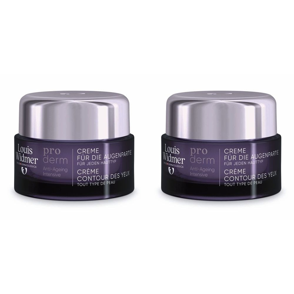 Zwei Tiegel Louis Widmer proderm Creme für die Augenpartie. Dunkelviolette Gläser mit silbernen Deckeln. Text: Creme Contour des Yeux.