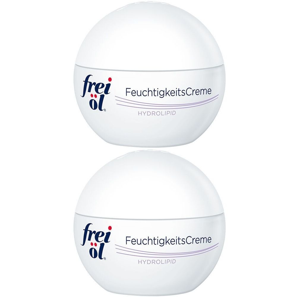 Zwei weiße, runde Tiegel. Aufschrift: frei öl, FeuchtigkeitsCreme, HYDROLIPID.