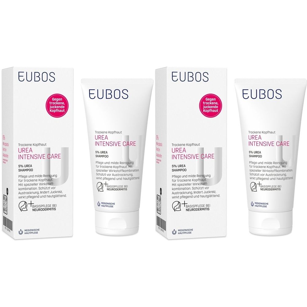 Drei Tuben und zwei Kartons EUBOS Urea Intensive Care Shampoo. Weiße Verpackung mit Schriftzug und Logo.