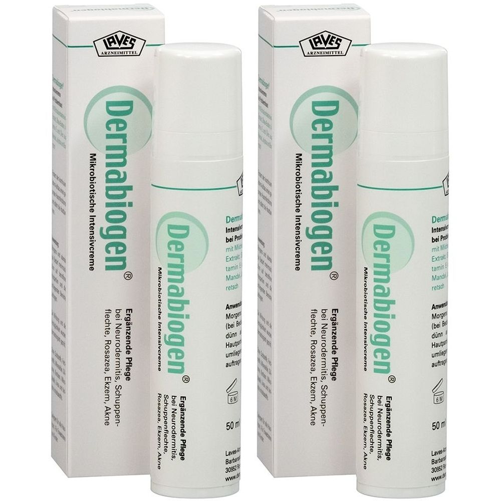 Zwei weiße Flaschen und Kartons. Aufschrift: Dermabiogen Mikrobiotische Intensivcreme. Ergänzende Pflege bei Neurodermitis, Schuppenflechte, Rosazea, Ekzem, Akne.